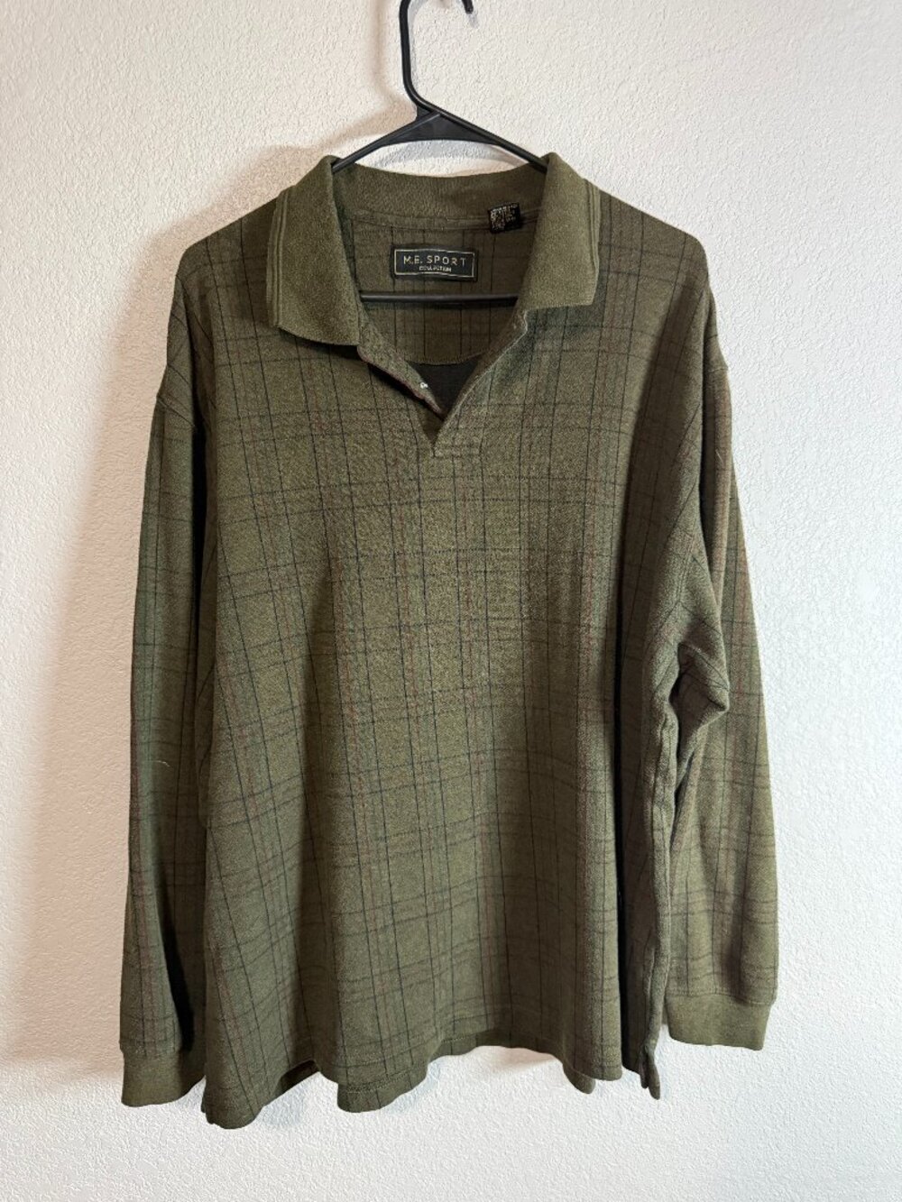 M.E. Sport Men's Olive Green Plaid Long-Sleeve Polo Shirt Size XL